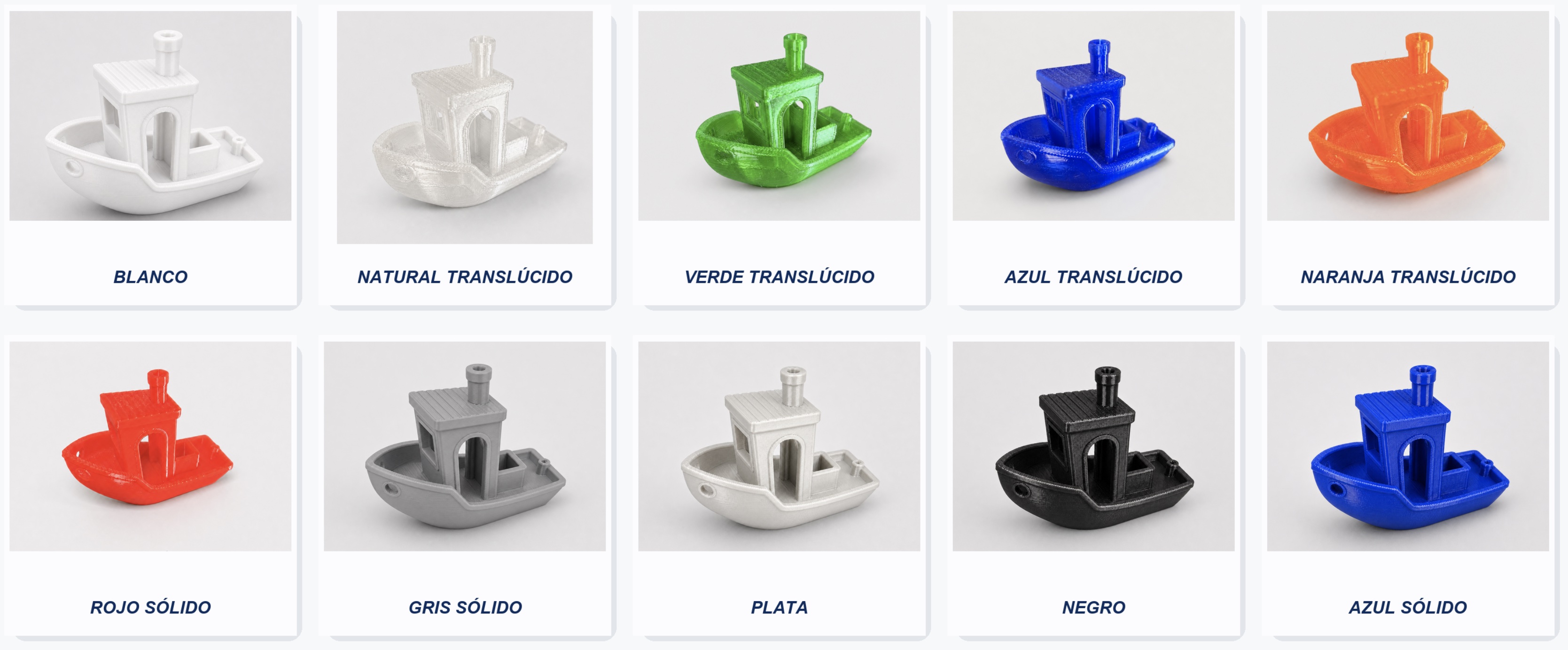 Carta completa de colores disponibles mostrados en barcos impresos en 3D